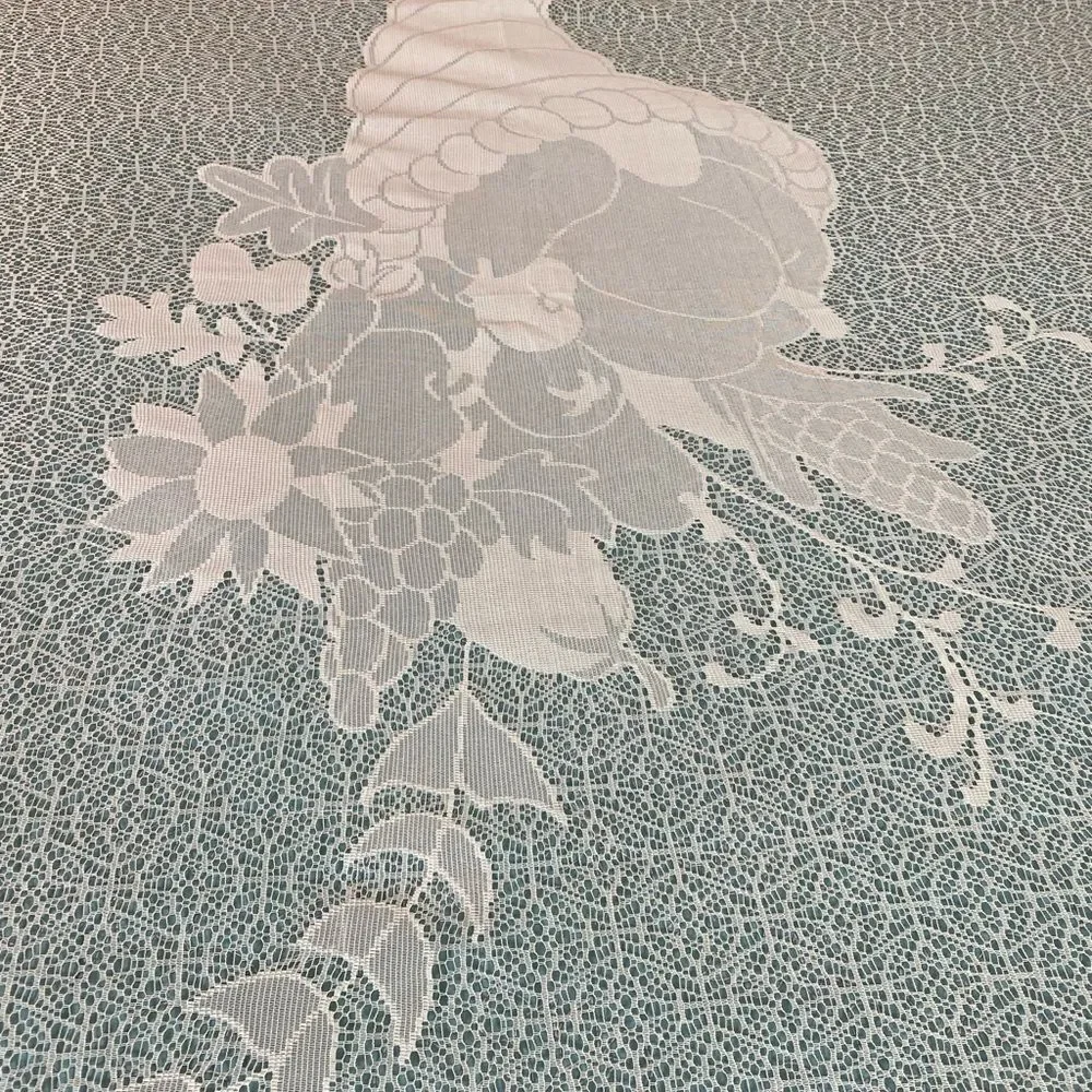 Cornucopia design tablecloth lace cream colored lscalloped edges Thanks Giving